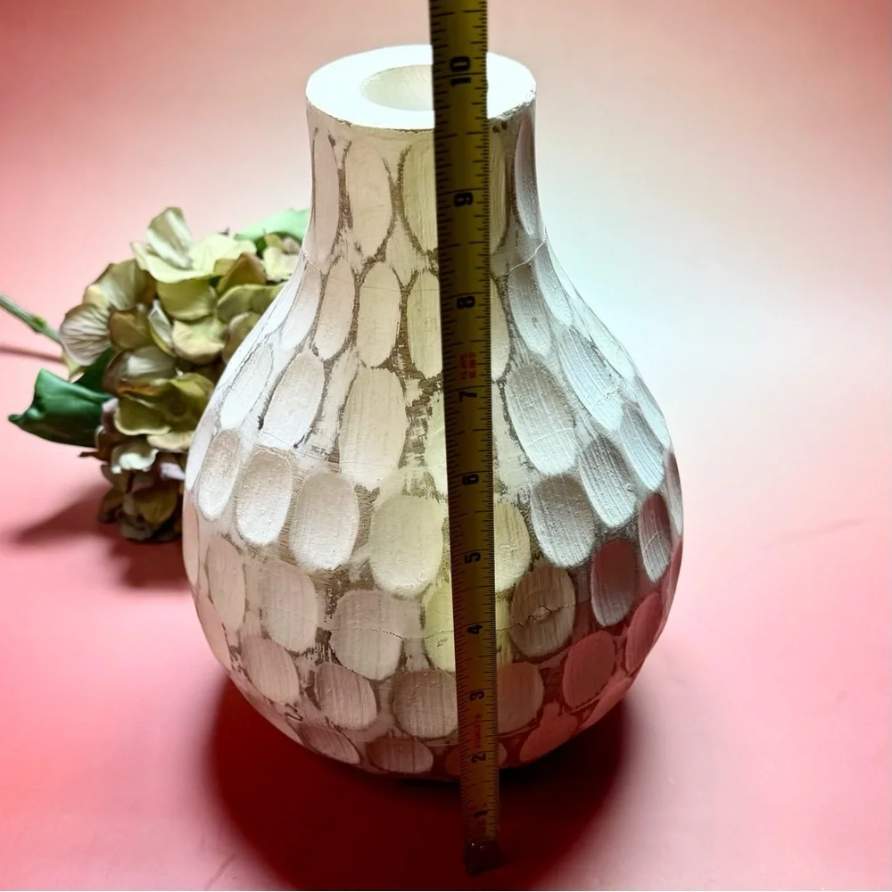 Pier One carved wood white wash divot vase